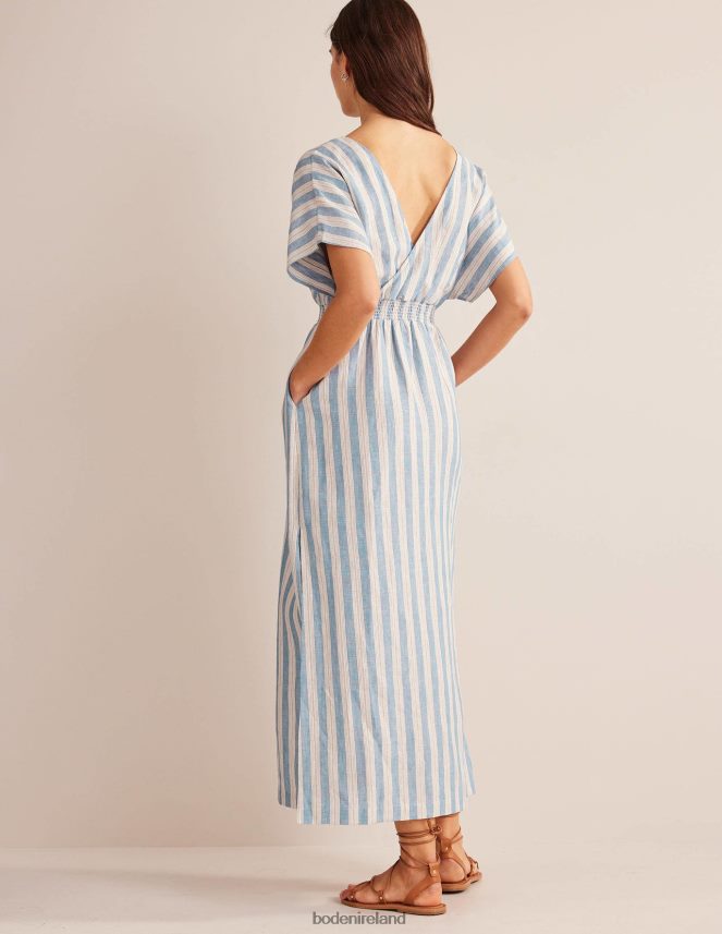 Porcelain Blue Lurex Stripe Clothing Linen Kaftan Maxi Dress Boden Women L466L680