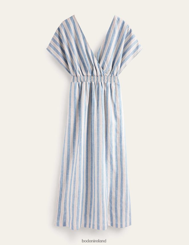 Porcelain Blue Lurex Stripe Clothing Linen Kaftan Maxi Dress Boden Women L466L680