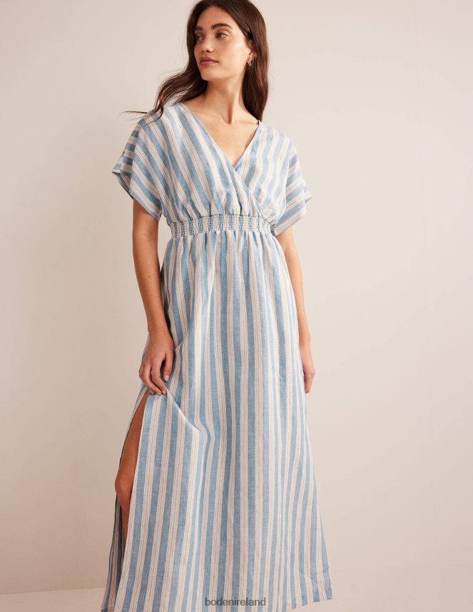 Porcelain Blue Lurex Stripe Clothing Linen Kaftan Maxi Dress Boden Women L466L680