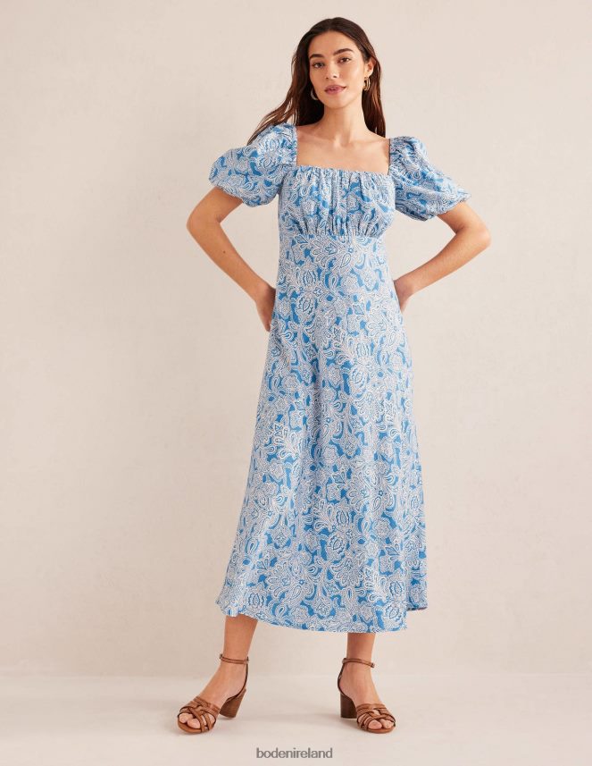 Porcelain Blue & Paisley Bud Clothing Ruched Bodice Midi Dress Boden Women L466L61003