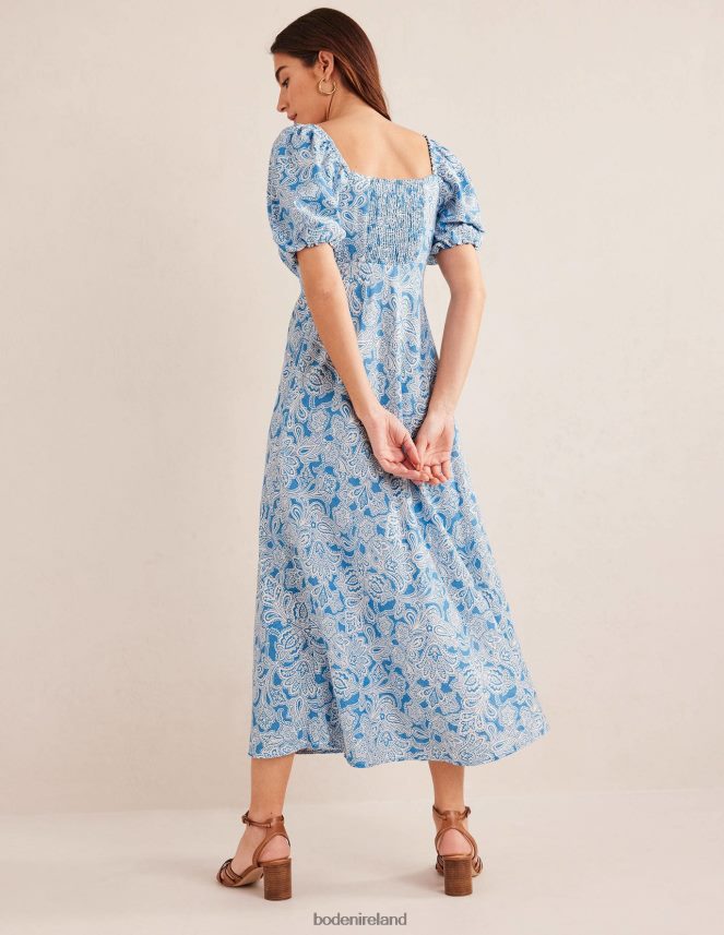 Porcelain Blue & Paisley Bud Clothing Ruched Bodice Midi Dress Boden Women L466L61003