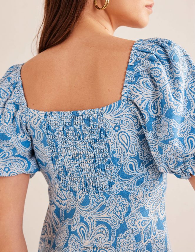 Porcelain Blue & Paisley Bud Clothing Ruched Bodice Midi Dress Boden Women L466L61003