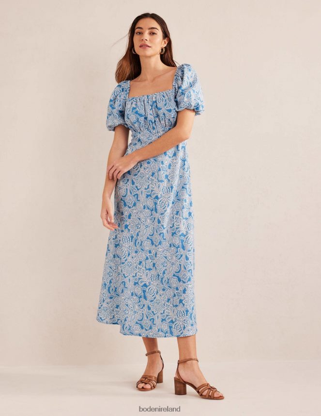 Porcelain Blue & Paisley Bud Clothing Ruched Bodice Midi Dress Boden Women L466L61003