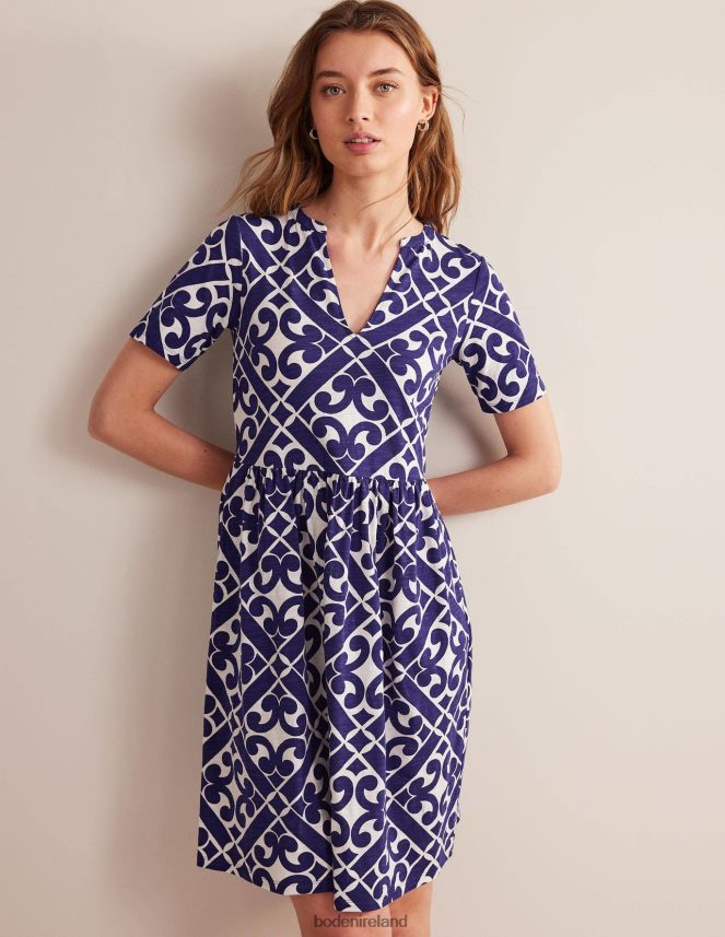 Prussian Blue & Tranquil Geo Clothing Easy Notch Neck Jersey Dress Boden Women L466L61174