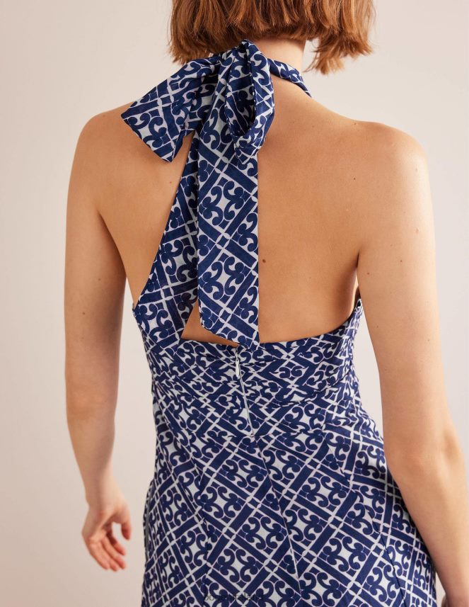 Prussian Blue & Tranquil Geo Clothing Halterneck Cut Out Midi Dress Boden Women L466L61183