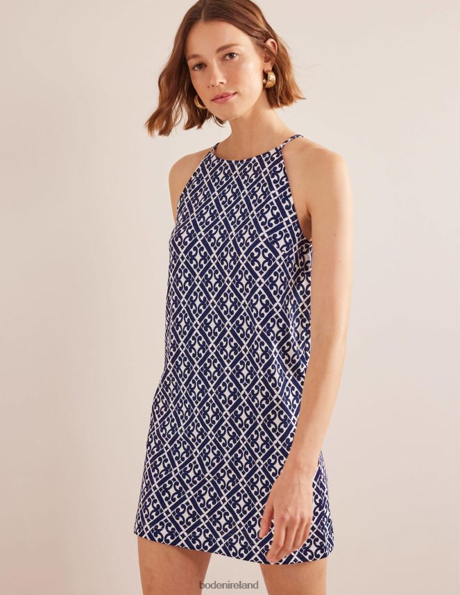 Prussian Blue & Tranquil Geo Clothing Racer Neck Jersey Mini Dress Boden Women L466L61015