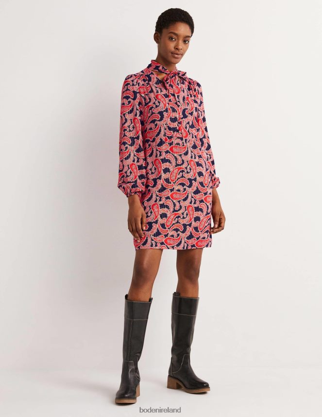 Red & Paisley Cluster Clothing Tie Neck Mini Dress Boden Women L466L61685