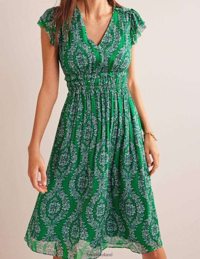 Rich Emerald & Botanic Wreath Clothing Gathered Waist Midi Dress Boden Women L466L688