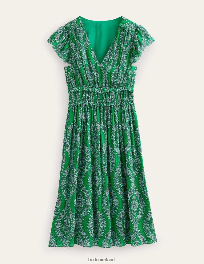 Rich Emerald & Botanic Wreath Clothing Gathered Waist Midi Dress Boden Women L466L688