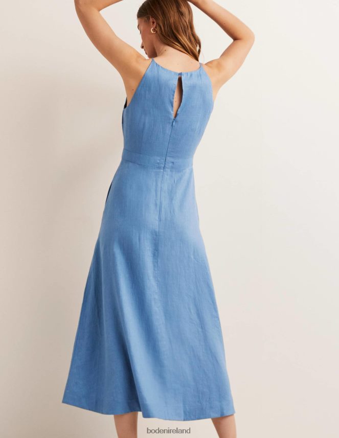 Riviera Blue Clothing Halterneck Linen Midi Dress Boden Women L466L666