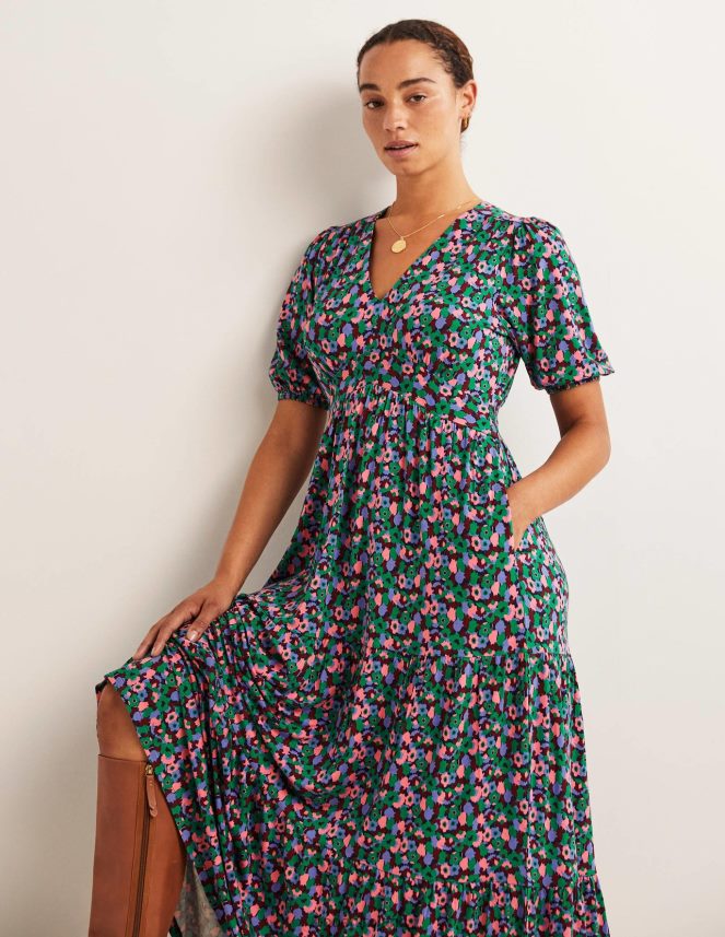 Shady Glade & Tulip Cluster Clothing Tiered Jersey Maxi Tea Dress Boden Women L466L62449