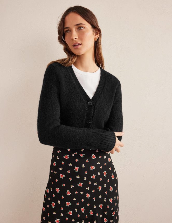 Black Clothing Fluffy Cropped V-Neck Cardigan Boden Women L466L61609