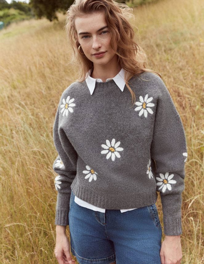 Dark Grey Melange Clothing Embellished Wool Jumper Boden Women L466L61269