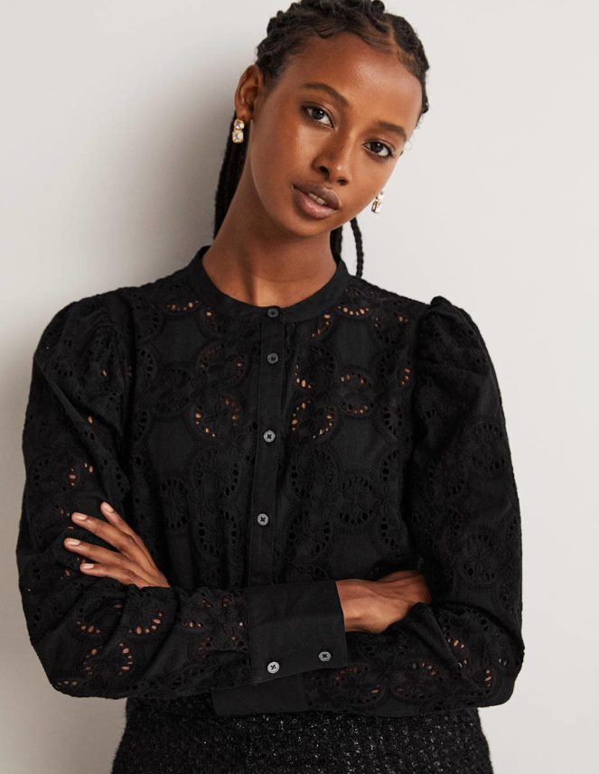 Black Clothing Mutton Sleeve Broderie Blouse Boden Women L466L62040