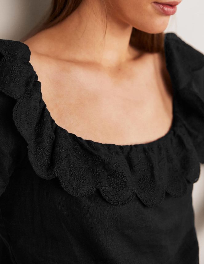 Black Clothing Square Neck Frill Linen Blouse Boden Women L466L61934