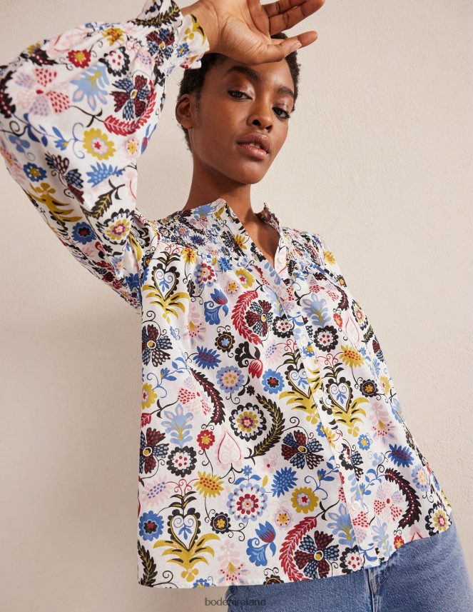 Ivory & Tropic Charm Clothing Smocked Yoke Cotton Blouse Boden Women L466L61871