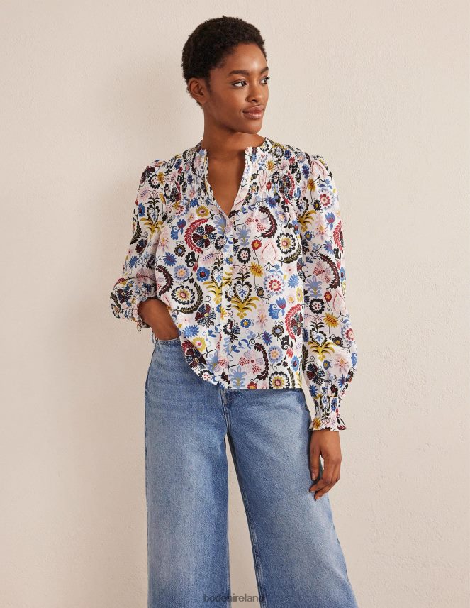 Ivory & Tropic Charm Clothing Smocked Yoke Cotton Blouse Boden Women L466L61871