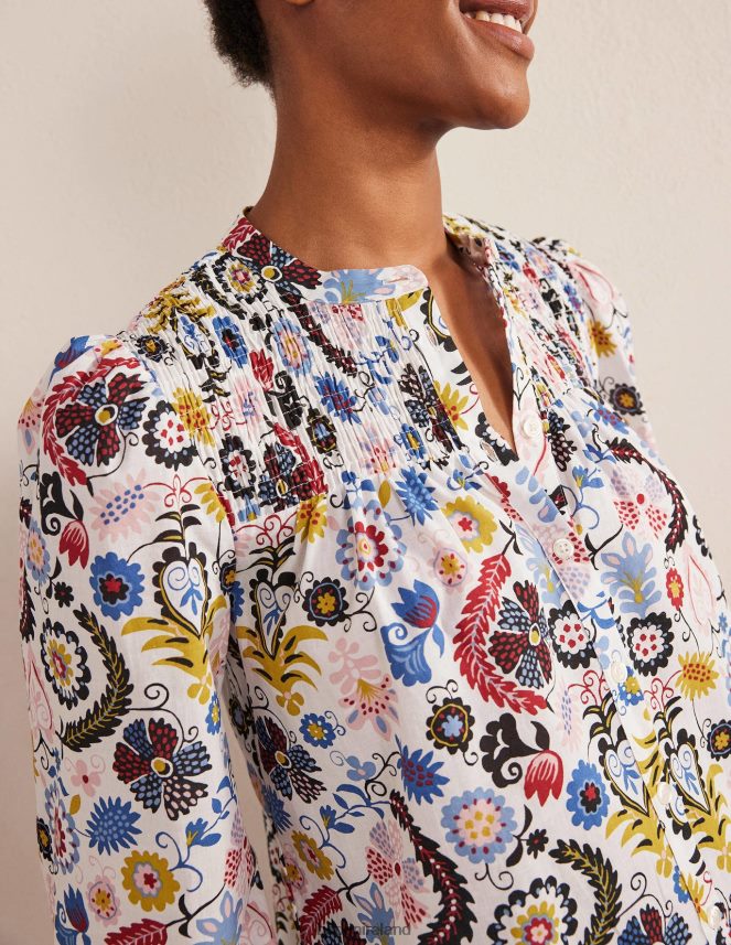 Ivory & Tropic Charm Clothing Smocked Yoke Cotton Blouse Boden Women L466L61871