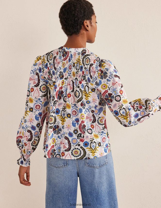 Ivory & Tropic Charm Clothing Smocked Yoke Cotton Blouse Boden Women L466L61871