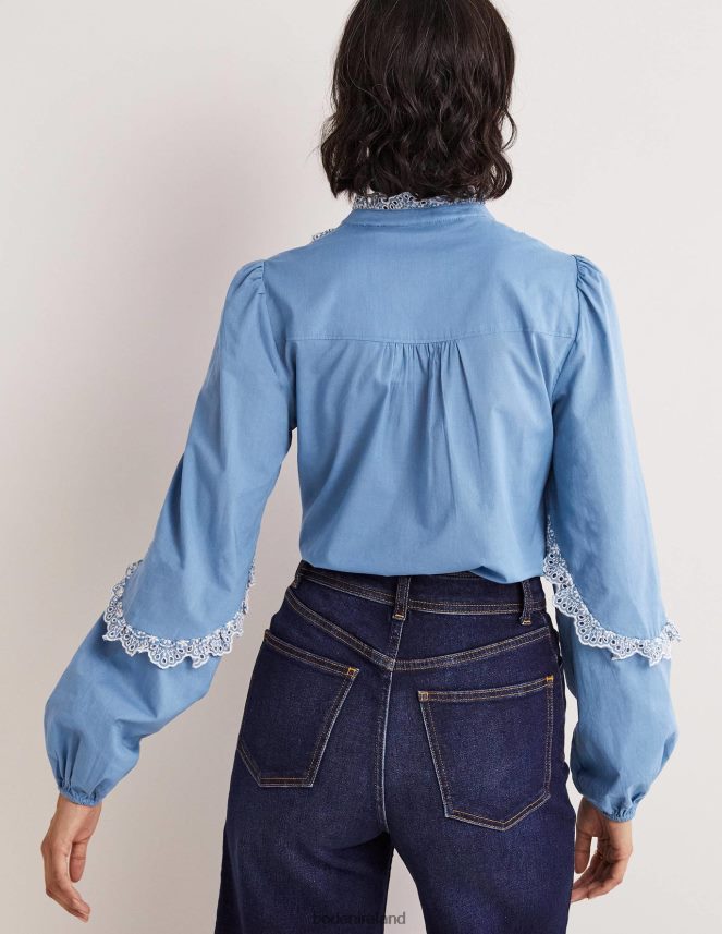 Riviera Blue Clothing Ruffle Sleeve Broderie Blouse Boden Women L466L61889