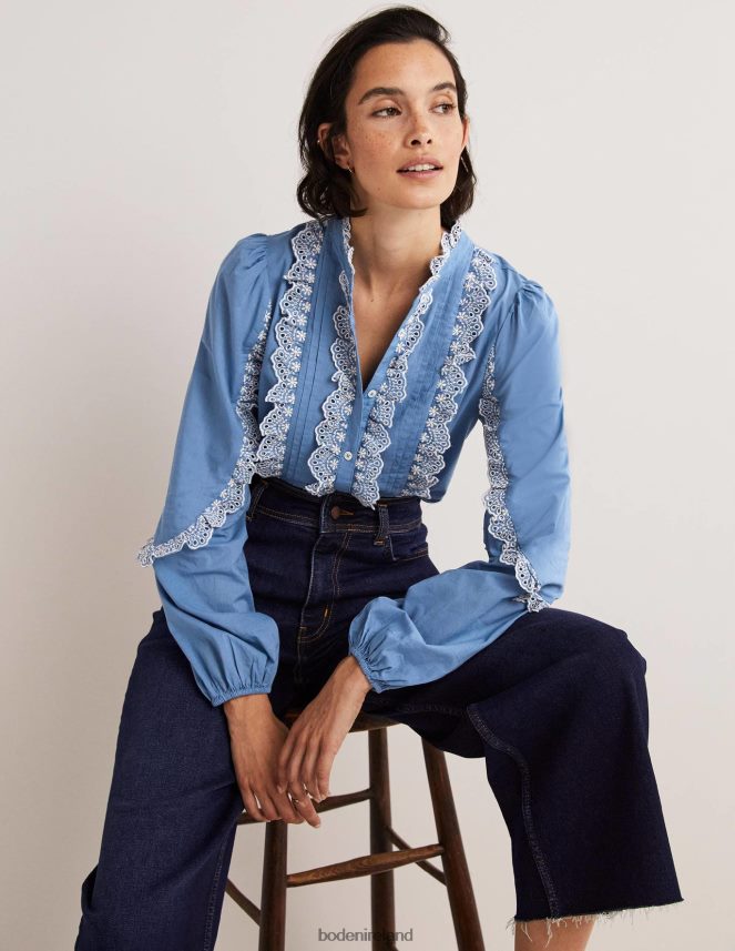 Riviera Blue Clothing Ruffle Sleeve Broderie Blouse Boden Women L466L61889