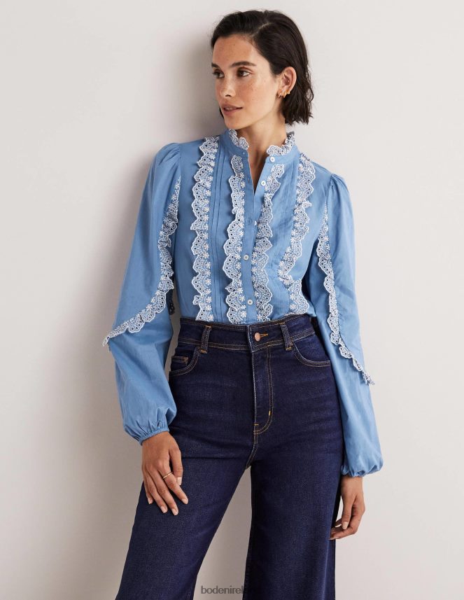 Riviera Blue Clothing Ruffle Sleeve Broderie Blouse Boden Women L466L61889