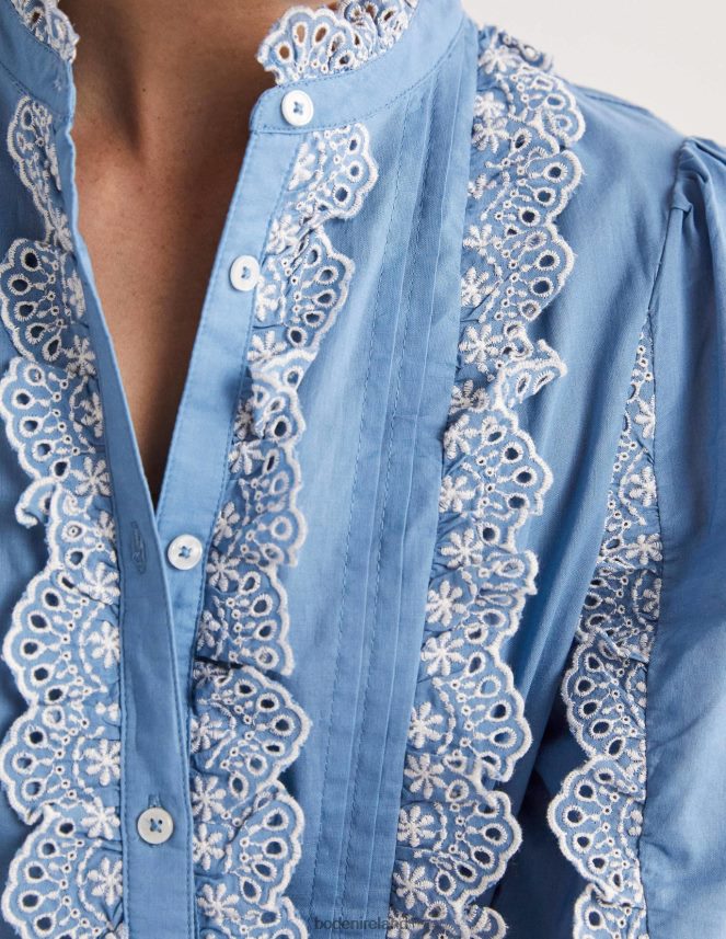 Riviera Blue Clothing Ruffle Sleeve Broderie Blouse Boden Women L466L61889