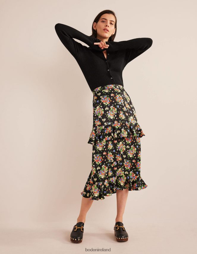 Black & Wild Cluster Clothing Satin Ruffle Midi Skirt Boden Women L466L62129