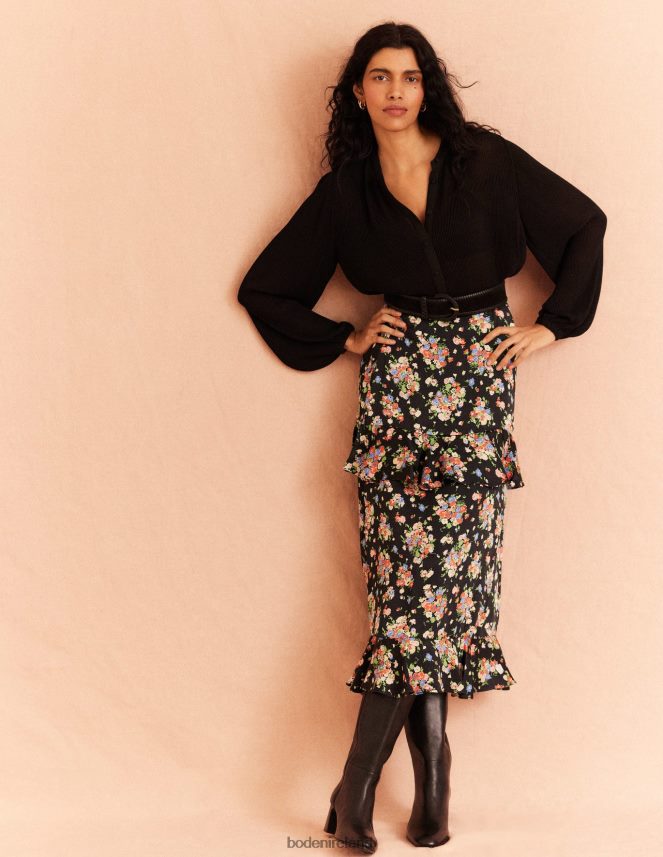 Black & Wild Cluster Clothing Satin Ruffle Midi Skirt Boden Women L466L62129