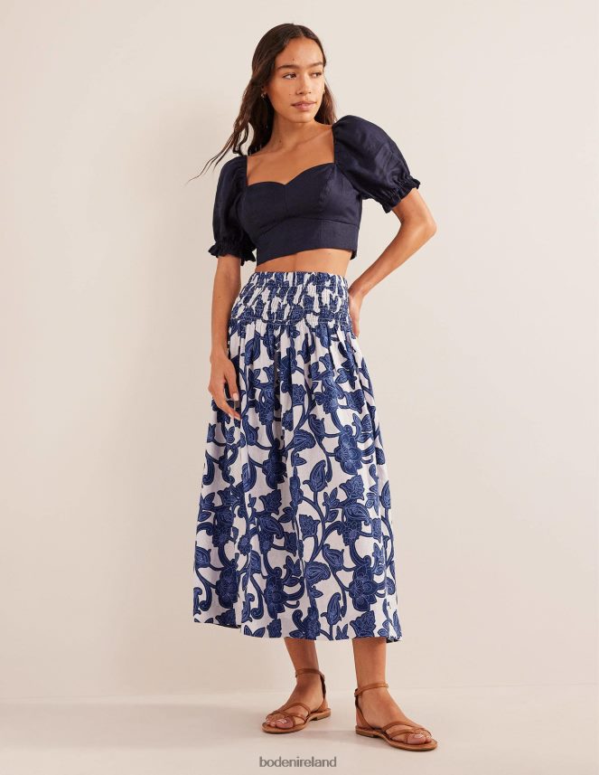 Blue Ribbon & Paisley Whirl Clothing Shirred Waist Linen Midi Skirt Boden Women L466L62575