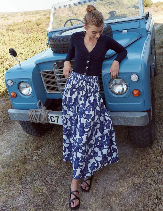 Blue Ribbon & Paisley Whirl Clothing Shirred Waist Linen Midi Skirt Boden Women L466L62575