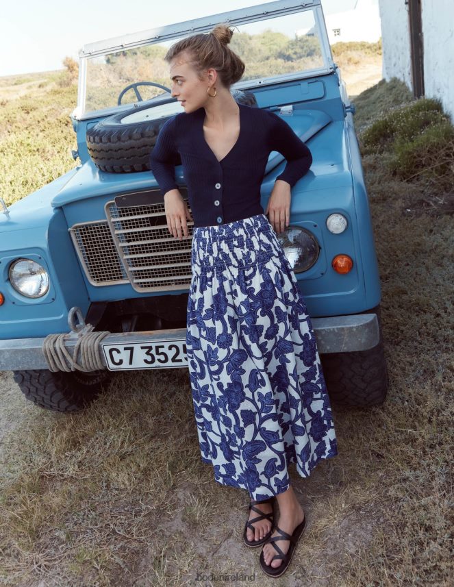 Blue Ribbon & Paisley Whirl Clothing Shirred Waist Linen Midi Skirt Boden Women L466L62575