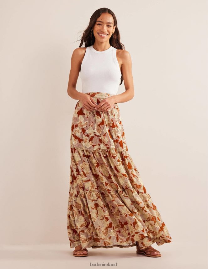 Rust & Paisley Whirl Clothing Tiered Metallic Maxi Skirt Boden Women L466L61126
