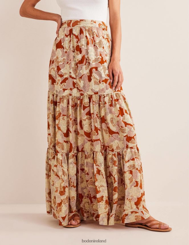 Rust & Paisley Whirl Clothing Tiered Metallic Maxi Skirt Boden Women L466L61126