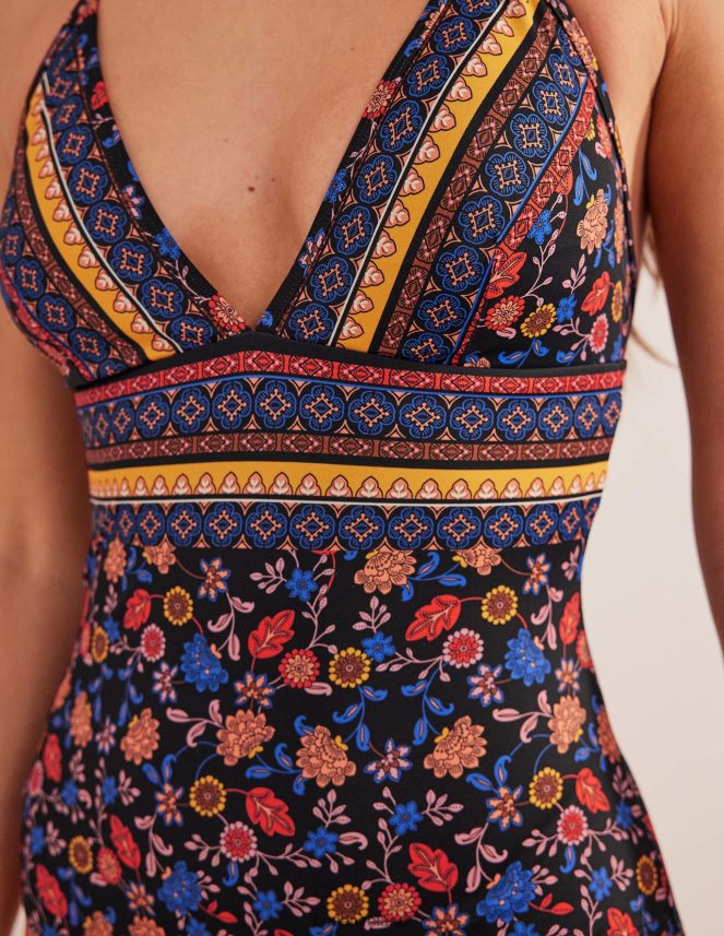 Black & Lotus Petal Clothing String Plunge Swimsuit Boden Women L466L6954