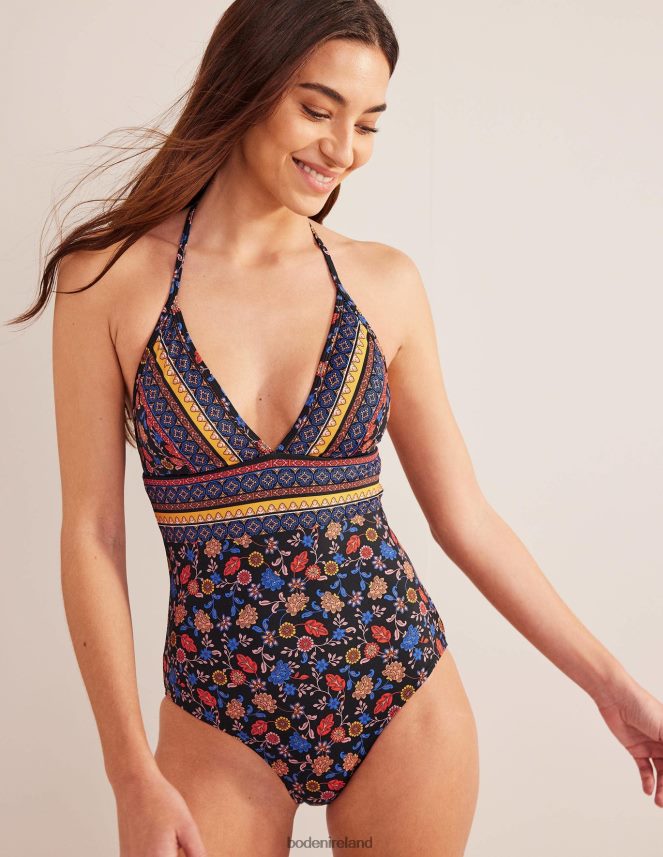 Black & Lotus Petal Clothing String Plunge Swimsuit Boden Women L466L6954
