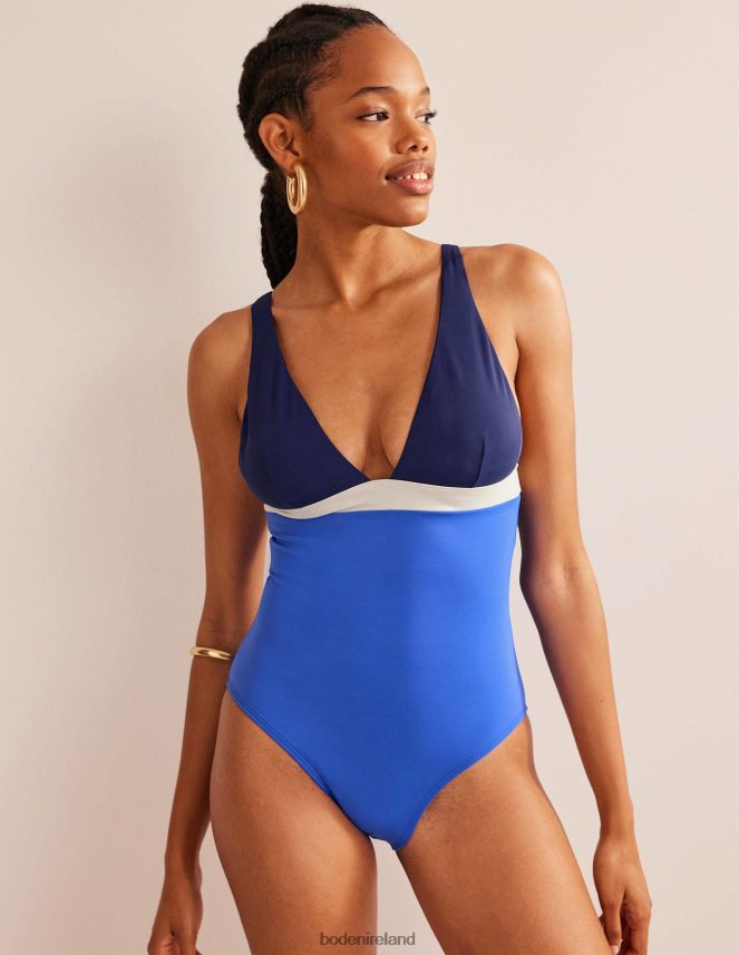 Cornflower Blue Colour Block Clothing V-Neck Panelled Swimsuit Boden Women L466L6236