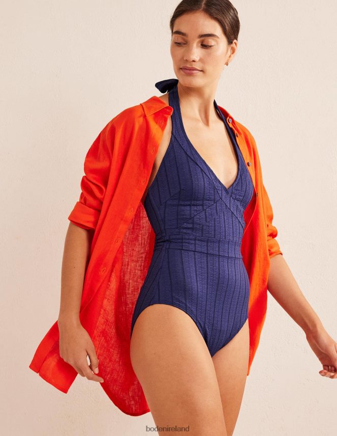 French Navy Texture Clothing Kefalonia Halterneck Swimsuit Boden Women L466L61472