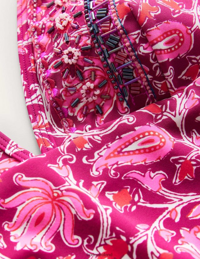 Raspberry Pink & Botanic Vine Clothing String Plunge Swimsuit Boden Women L466L6240