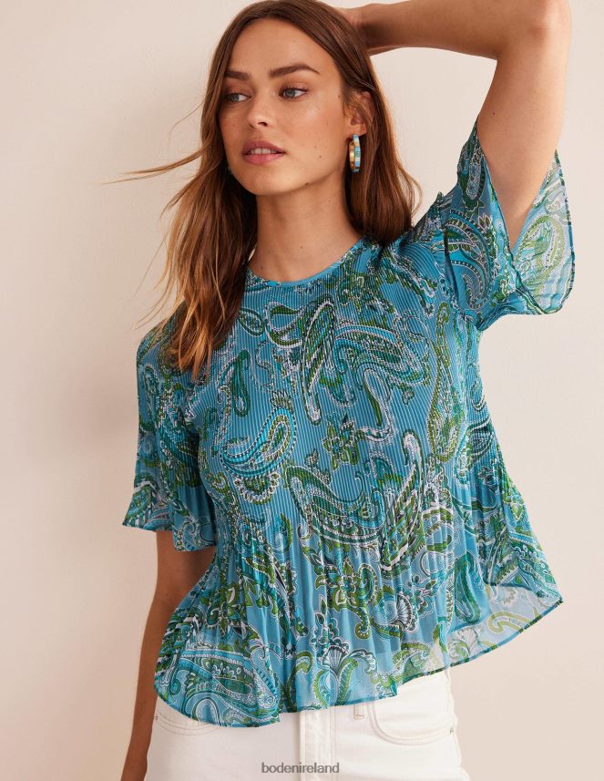 Aegean Blue & Paradise Pop Clothing Flutter-Sleeve Plisse Top Boden Women L466L6104