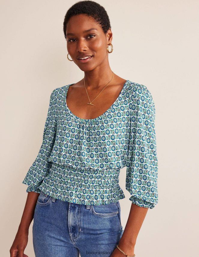 Aegean Blue & Sunflower Spring Clothing Smocked Jersey Peplum Top Boden Women L466L6110