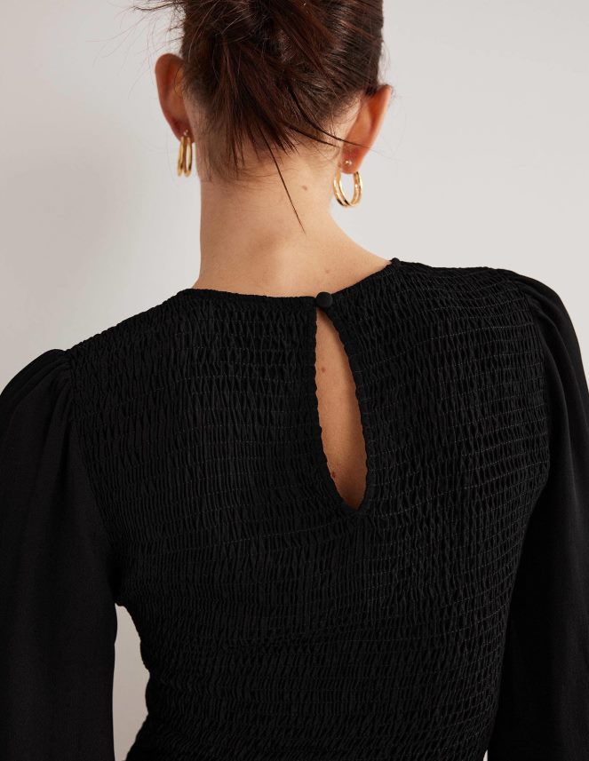 Black Clothing Crew Neck Smocked Bodice Top Boden Women L466L61978