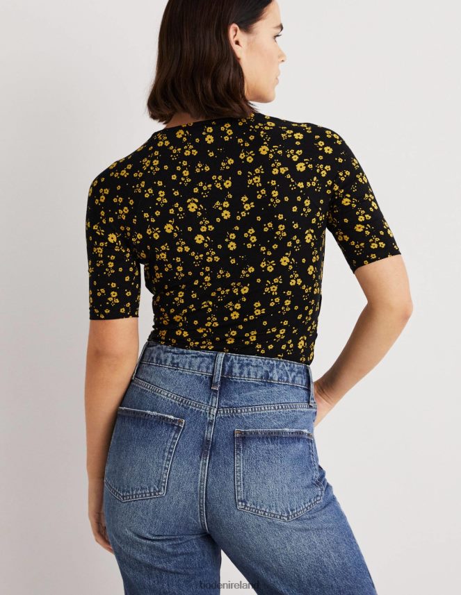 Black & Floral Sprig Clothing Short Sleeve Wrap Top Boden Women L466L6146