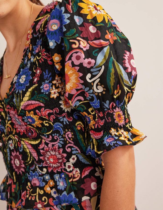 Black & Gardenia Pop Clothing Smocked Bodice Crop Top Boden Women L466L61704