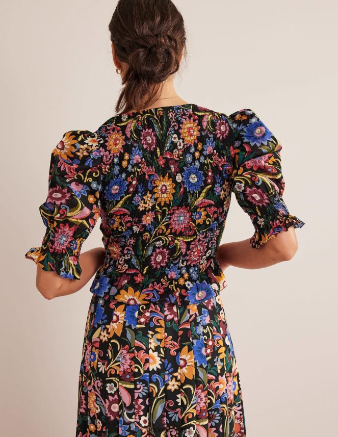 Black & Gardenia Pop Clothing Smocked Bodice Crop Top Boden Women L466L61704