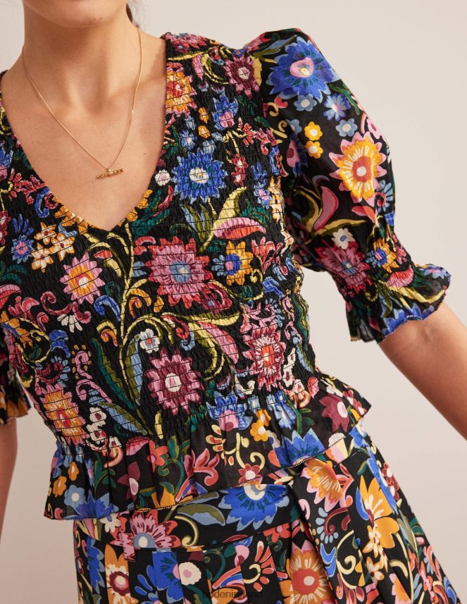 Black & Gardenia Pop Clothing Smocked Bodice Crop Top Boden Women L466L61704