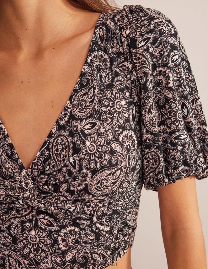 Black & Paisley Terrace Clothing Cropped Twist Detail Top Boden Women L466L61875