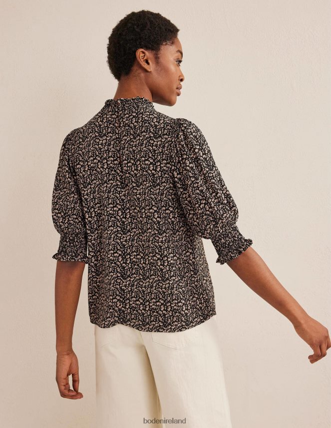 Black & Poppy Petal Clothing Smocked Detail Printed Top Boden Women L466L62504