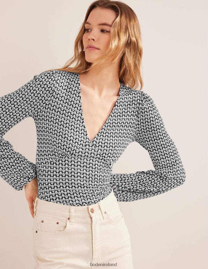 Black & Tulip Bud Clothing V-Neck Printed Top Boden Women L466L61850