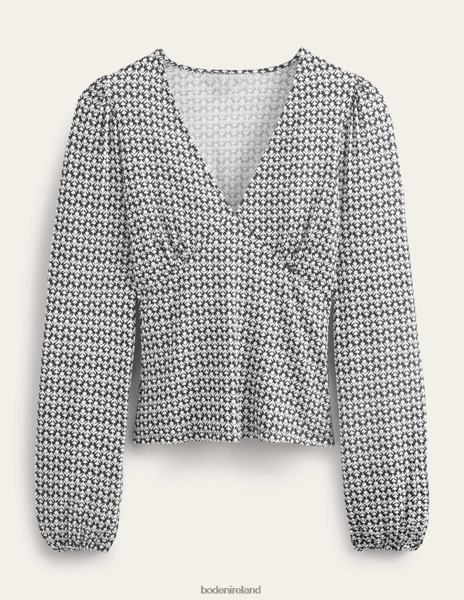 Black & Tulip Bud Clothing V-Neck Printed Top Boden Women L466L61850